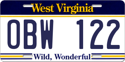 WV license plate OBW122