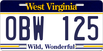 WV license plate OBW125
