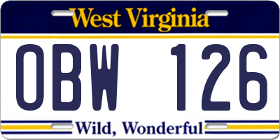 WV license plate OBW126