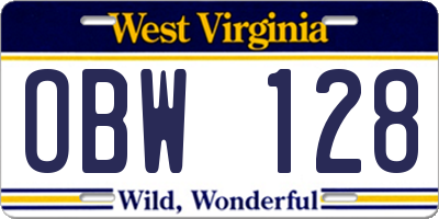 WV license plate OBW128