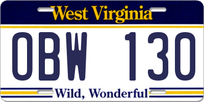 WV license plate OBW130