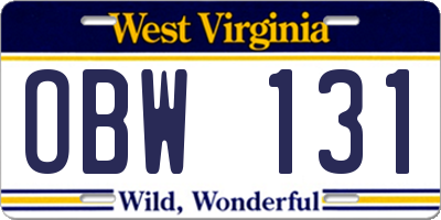 WV license plate OBW131