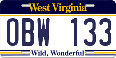 WV license plate OBW133