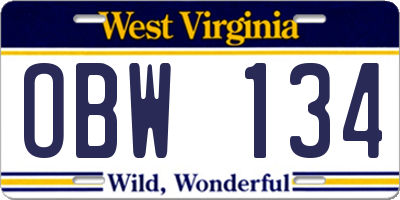 WV license plate OBW134