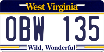 WV license plate OBW135