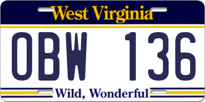 WV license plate OBW136