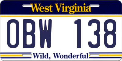 WV license plate OBW138