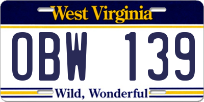 WV license plate OBW139