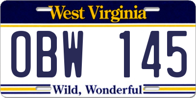 WV license plate OBW145