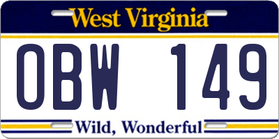 WV license plate OBW149