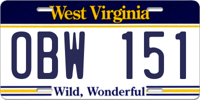 WV license plate OBW151