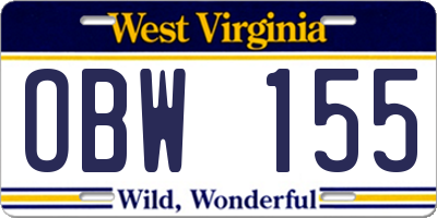 WV license plate OBW155