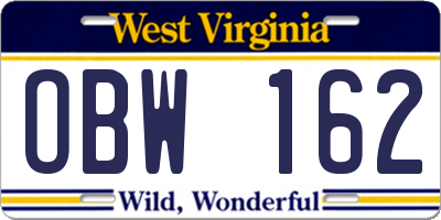 WV license plate OBW162