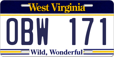 WV license plate OBW171