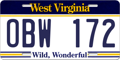 WV license plate OBW172