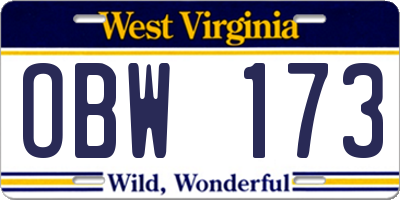 WV license plate OBW173