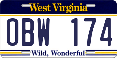 WV license plate OBW174