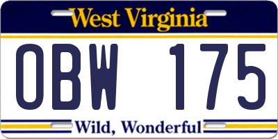 WV license plate OBW175
