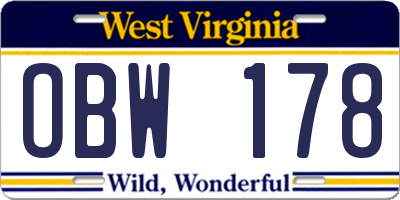 WV license plate OBW178
