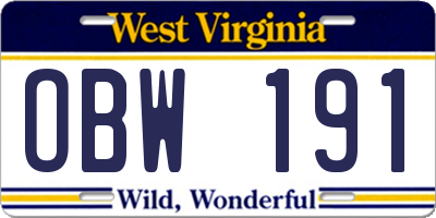 WV license plate OBW191