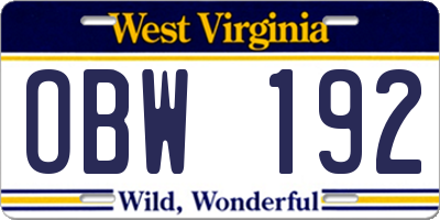 WV license plate OBW192