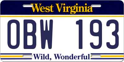WV license plate OBW193