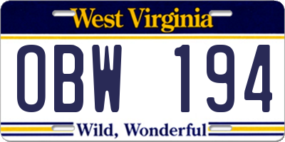 WV license plate OBW194