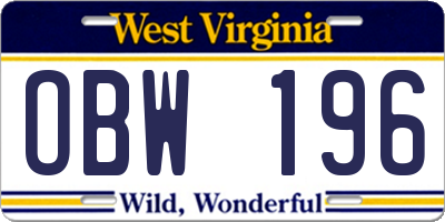 WV license plate OBW196