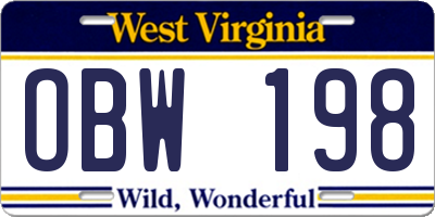 WV license plate OBW198