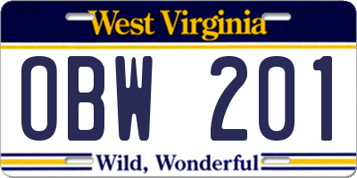 WV license plate OBW201