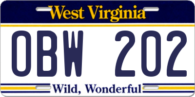 WV license plate OBW202