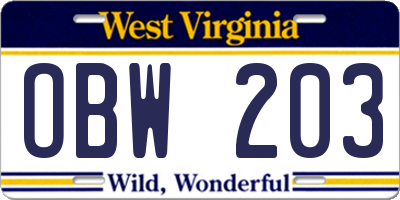 WV license plate OBW203