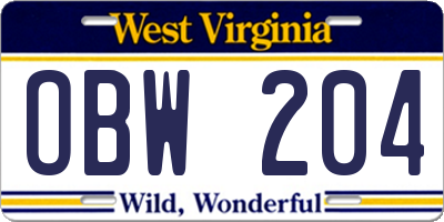 WV license plate OBW204