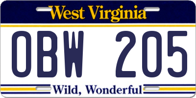 WV license plate OBW205