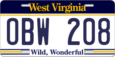 WV license plate OBW208