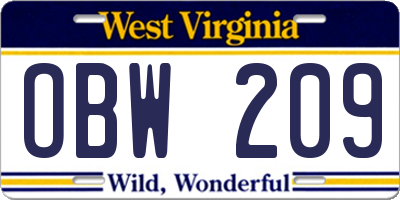 WV license plate OBW209