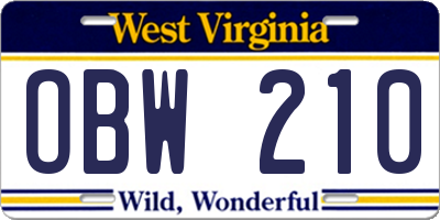 WV license plate OBW210