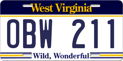WV license plate OBW211