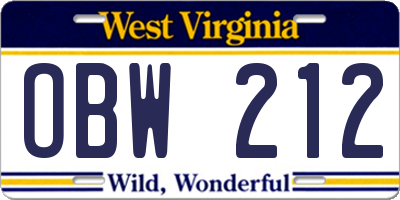WV license plate OBW212