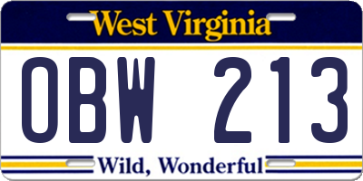 WV license plate OBW213