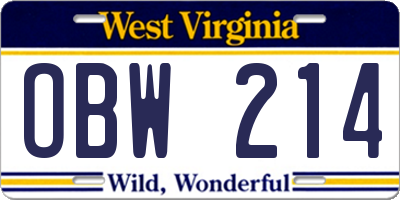 WV license plate OBW214