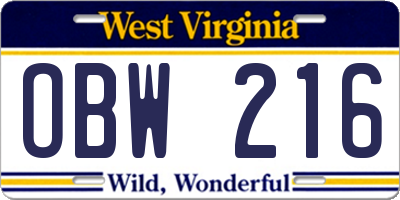 WV license plate OBW216