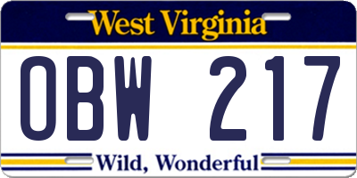 WV license plate OBW217