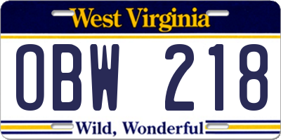 WV license plate OBW218