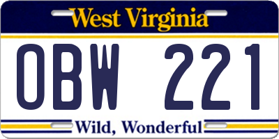 WV license plate OBW221