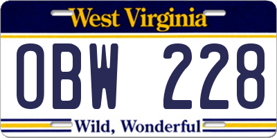 WV license plate OBW228