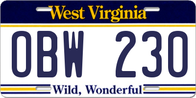 WV license plate OBW230