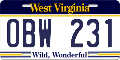 WV license plate OBW231