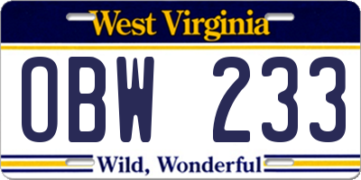 WV license plate OBW233