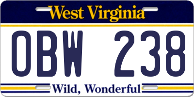 WV license plate OBW238